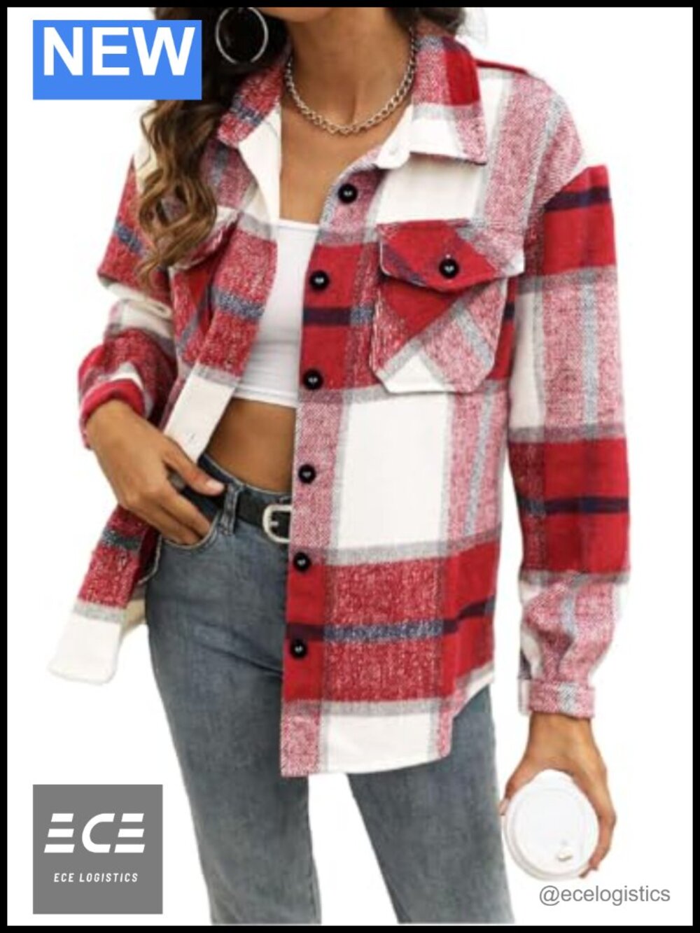 Plaid Button Down Shacket Collared Long Sleeve Polyester Casual